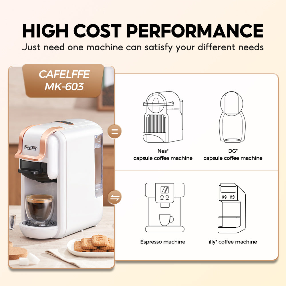 CAFELFFE 4-in-1 Automatic Coffee Machine for Nespresso, Dolce Gusto, Starbucks ESE Pod Capsules and Coffee Powder Cold/Hot Brewing MK603 Compact Coffee Machine, Multifunctional Coffee Machine for Home and Office, Birthday Gift, New Year Gift-MK603