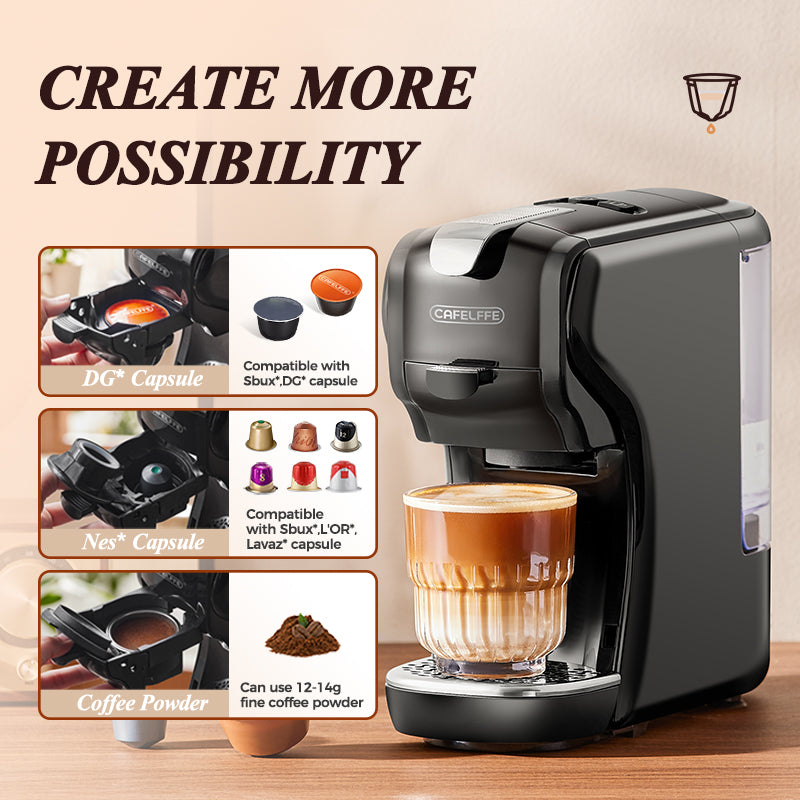 CAFELFFE 3-in-1 Capsule Coffee Machine for Nespresso, Dolce Gusto, Starbucks Capsules and Coffee Powder Cold/Hot Brewing MK611 Compact Coffee Machine,